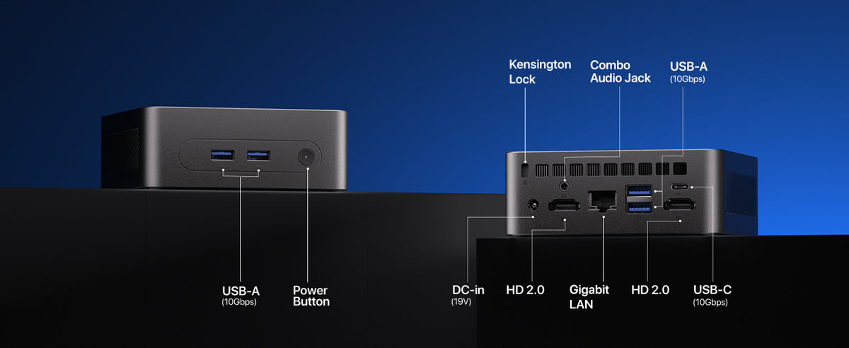 PELADN WO5 Mini PC ports with USB-C dual HDMI USB-A and Gigabit Ethernet