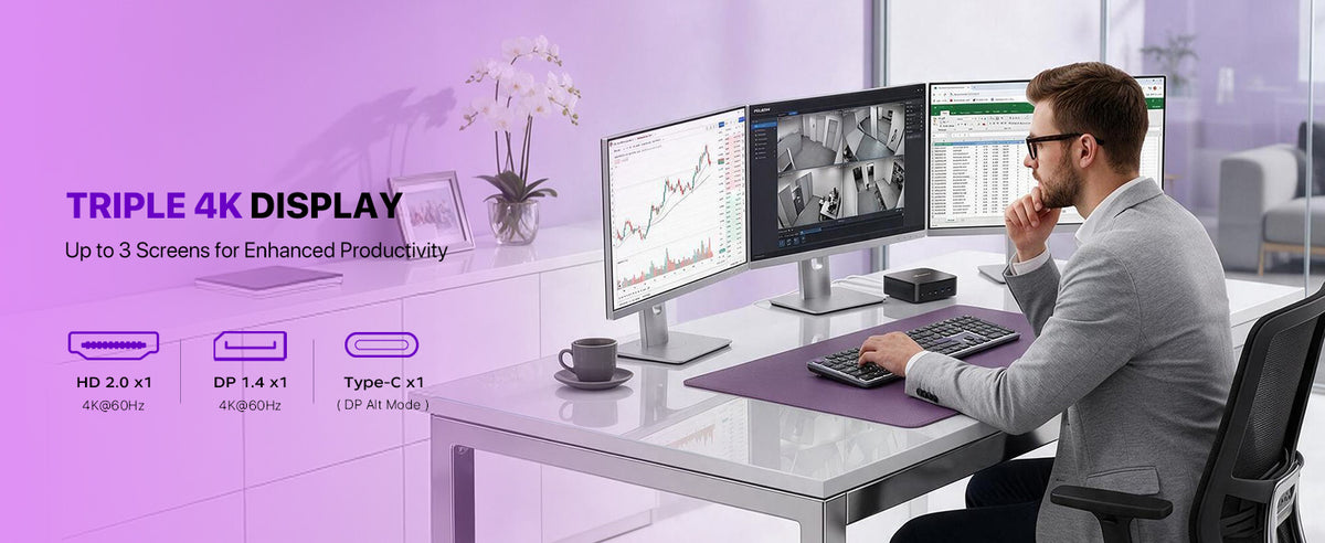 PELADN WO7 dual 4K display Mini PC with HDMI 2.0 and DisplayPort 1.4