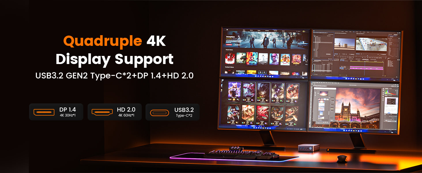 4K Display support,USB 3.2,Type-C,DP 1.4,HD 2.0