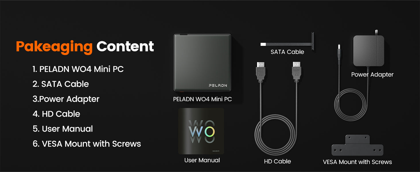 Pakaging Content list Peladn WO4 AMD Ryzen 5 7640HS Mini PC