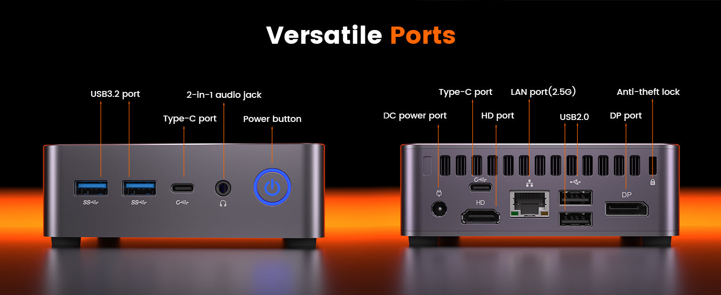 Ultra-compact mini PC with USB 3.2 ports, Type-C port, 2-in-1 audio jack and power button