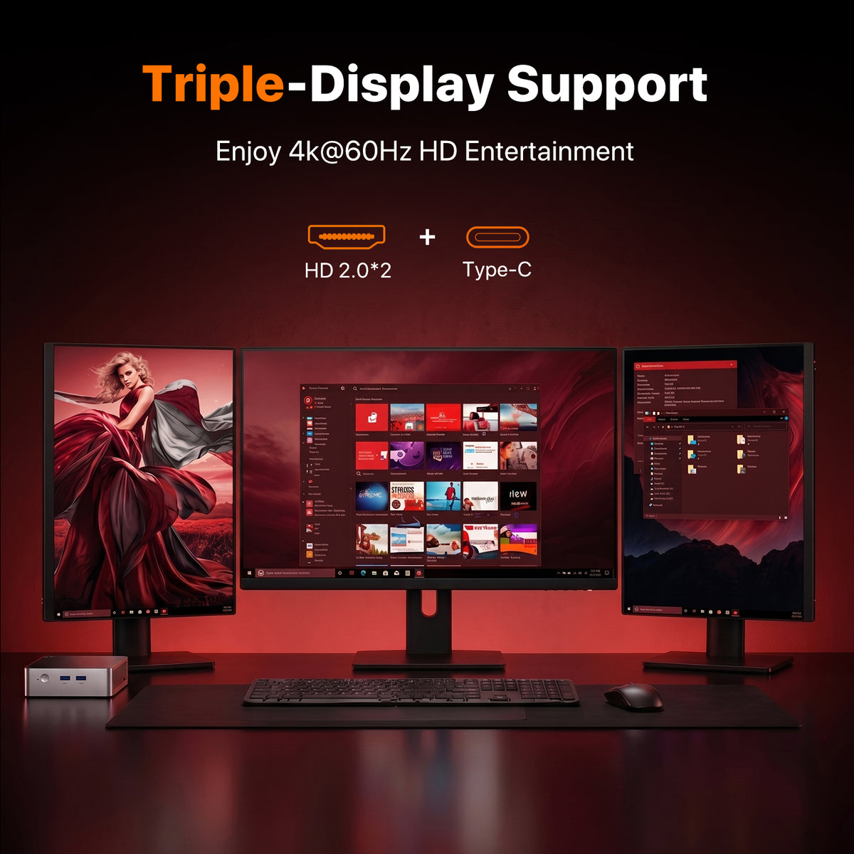PELADN WO5 Mini PC triple 4K display setup with dual HDMI 2.0 and USB-C