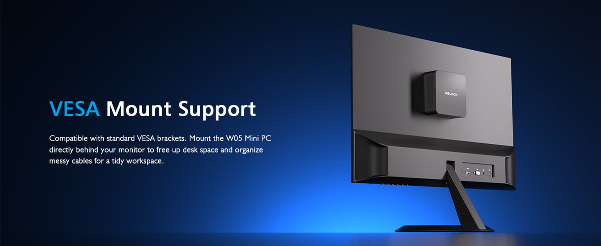 PELADN WO5 VESA Mini PC mounted behind a monitor
